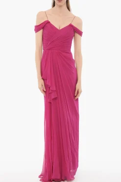 New Abito Lungo in Chiffon di Seta con Arricciature Donna Vestiti