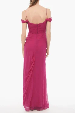 New Abito Lungo in Chiffon di Seta con Arricciature Donna Vestiti