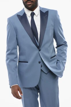 Clearance Abito Tre Pezzi con Dettagli in Satin a Contrasto Uomo Completi