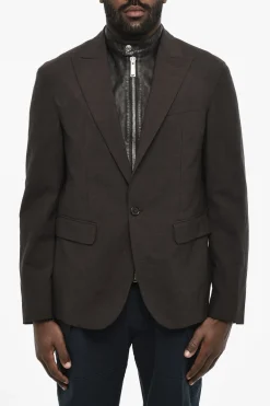 Fashion Blazer a 1 Bottone in Misto Lana Virgine con Dettaglio in Pelle Vegan Uomo Giacche