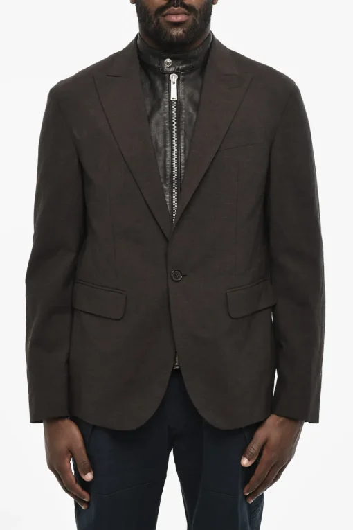Fashion Blazer a 1 Bottone in Misto Lana Virgine con Dettaglio in Pelle Vegan Uomo Giacche