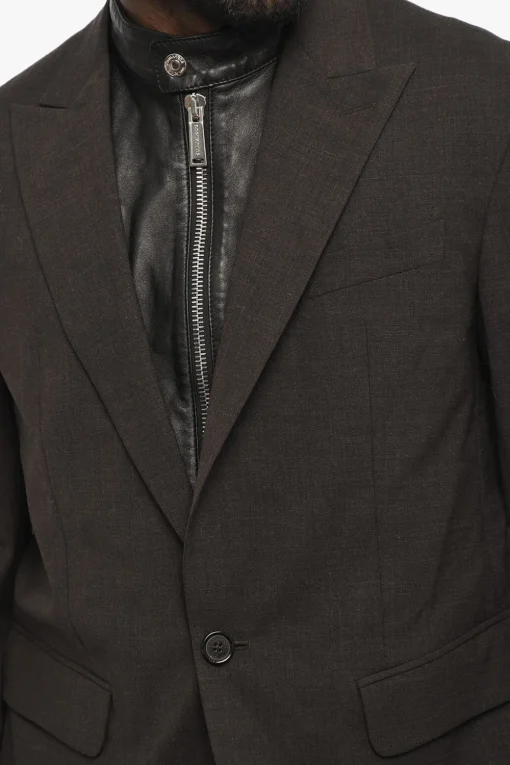 Fashion Blazer a 1 Bottone in Misto Lana Virgine con Dettaglio in Pelle Vegan Uomo Giacche