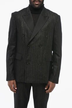 Online Blazer Doppiopetto Gessato in Lurex con Rever in Satin Uomo Giacche