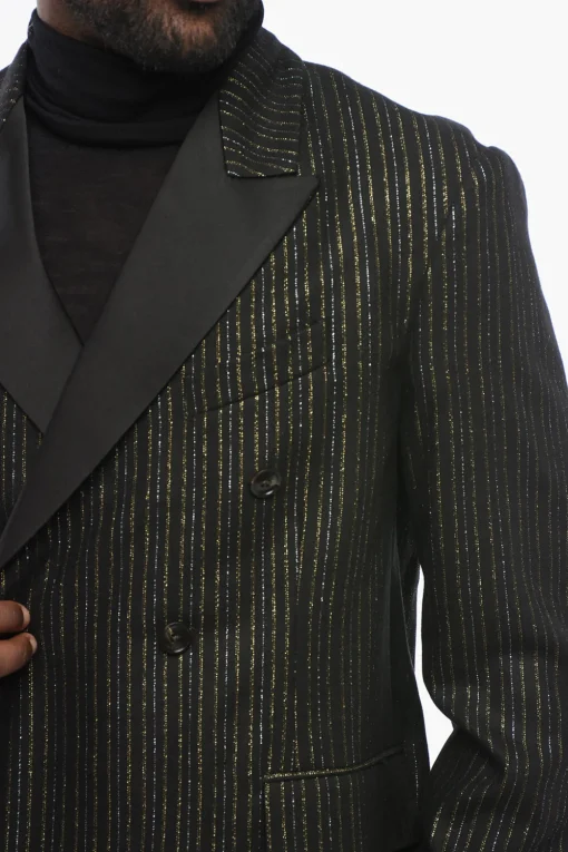 Online Blazer Doppiopetto Gessato in Lurex con Rever in Satin Uomo Giacche