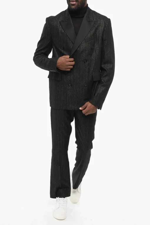 Online Blazer Doppiopetto Gessato in Lurex con Rever in Satin Uomo Giacche
