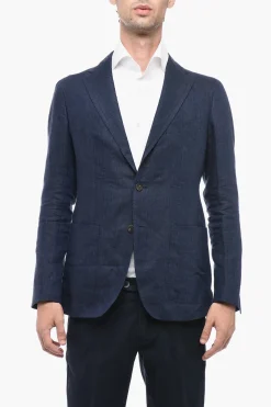 Clearance Blazer in Lino Delavé con Tasche a Filo Uomo Giacche