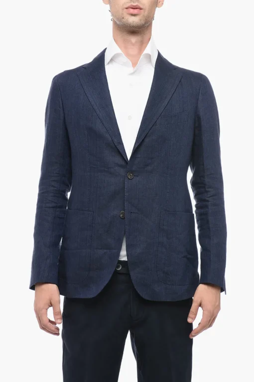 Clearance Blazer in Lino Delavé con Tasche a Filo Uomo Giacche
