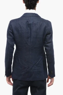 Clearance Blazer in Lino Delavé con Tasche a Filo Uomo Giacche