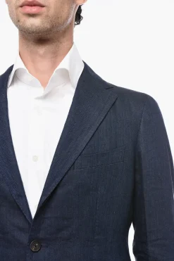 Clearance Blazer in Lino Delavé con Tasche a Filo Uomo Giacche