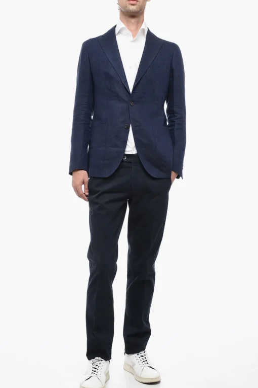 Clearance Blazer in Lino Delavé con Tasche a Filo Uomo Giacche