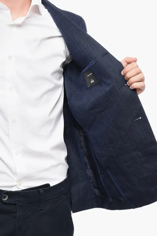 Clearance Blazer in Lino Delavé con Tasche a Filo Uomo Giacche