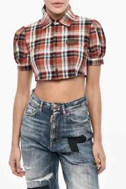 Clearance Blusa Crop a Quadri con Logo in Pelle Donna Camicie