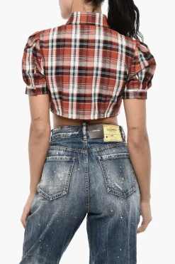 Clearance Blusa Crop a Quadri con Logo in Pelle Donna Camicie