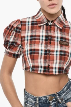 Clearance Blusa Crop a Quadri con Logo in Pelle Donna Camicie