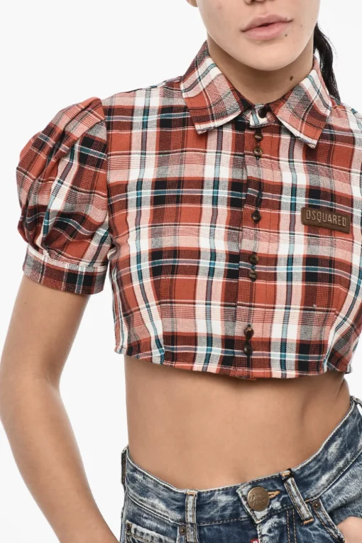 Clearance Blusa Crop a Quadri con Logo in Pelle Donna Camicie