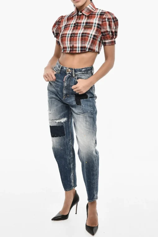 Clearance Blusa Crop a Quadri con Logo in Pelle Donna Camicie