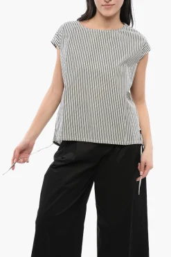 Outlet Blusa in Cotone a Righe Awning con Coulisse sul Fondo Donna Camicie