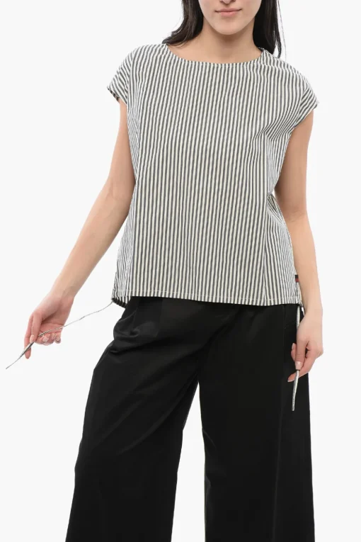 Outlet Blusa in Cotone a Righe Awning con Coulisse sul Fondo Donna Camicie