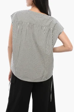 Outlet Blusa in Cotone a Righe Awning con Coulisse sul Fondo Donna Camicie