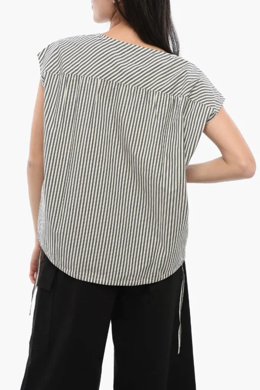 Outlet Blusa in Cotone a Righe Awning con Coulisse sul Fondo Donna Camicie