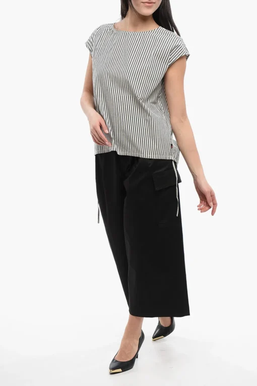 Outlet Blusa in Cotone a Righe Awning con Coulisse sul Fondo Donna Camicie