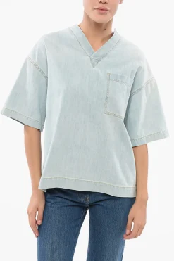 Blusa in Denim Lavaggio Chiaro con Taschino>Bottega Veneta Fashion