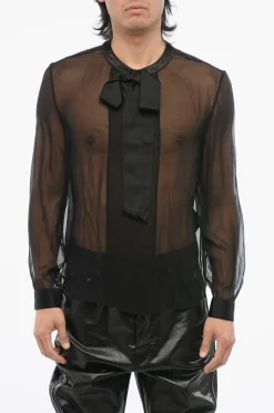 Blusa in Seta See Through con Dettaglio Tie Neck in Satin>Saint Laurent Clearance