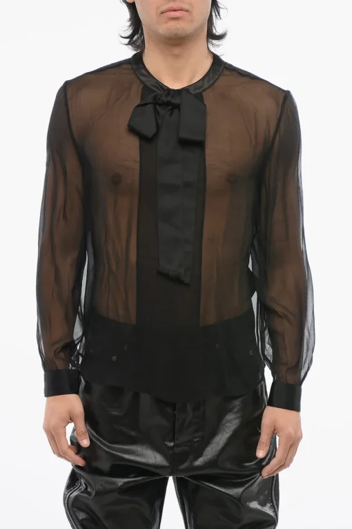Blusa in Seta See Through con Dettaglio Tie Neck in Satin>Saint Laurent Clearance