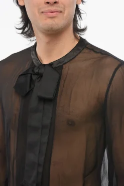 Blusa in Seta See Through con Dettaglio Tie Neck in Satin></noscript>Saint Laurent Clearance