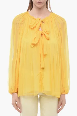 New Blusa Tie Neck in Chiffon di Seta Plissè Donna Camicie