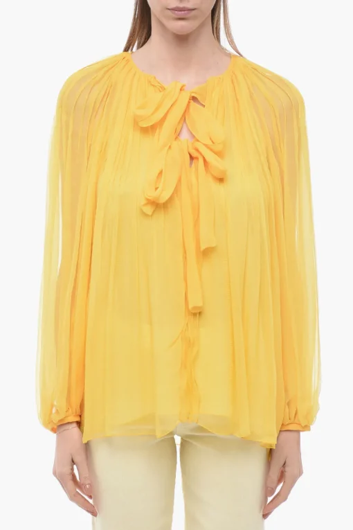 New Blusa Tie Neck in Chiffon di Seta Plissè Donna Camicie