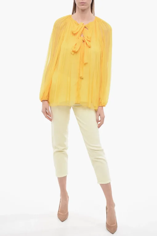 New Blusa Tie Neck in Chiffon di Seta Plissè Donna Camicie