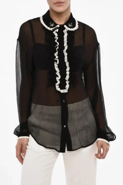 Sale Blusa Trasparente in Seta con Collo Arricciato Donna Camicie