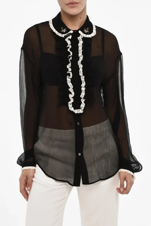 Sale Blusa Trasparente in Seta con Collo Arricciato Donna Camicie
