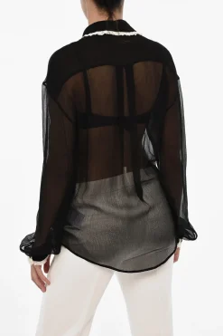 Sale Blusa Trasparente in Seta con Collo Arricciato Donna Camicie