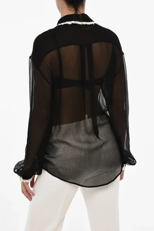Sale Blusa Trasparente in Seta con Collo Arricciato Donna Camicie