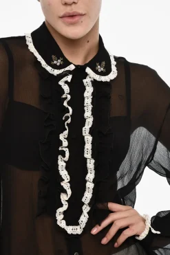 Sale Blusa Trasparente in Seta con Collo Arricciato Donna Camicie