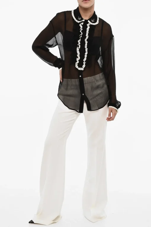 Sale Blusa Trasparente in Seta con Collo Arricciato Donna Camicie