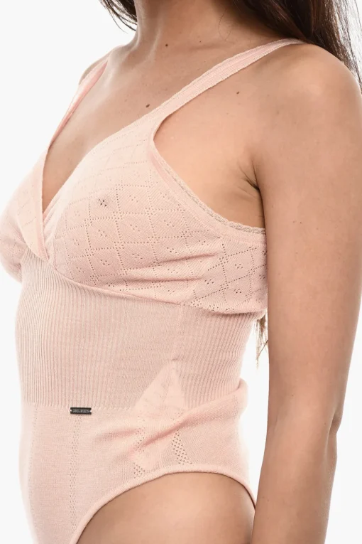 Body Traforato in Lana con Scollo a V E Dettagli a Coste>Dsquared2 Clearance