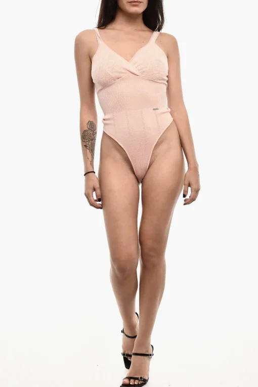 Body Traforato in Lana con Scollo a V E Dettagli a Coste>Dsquared2 Clearance