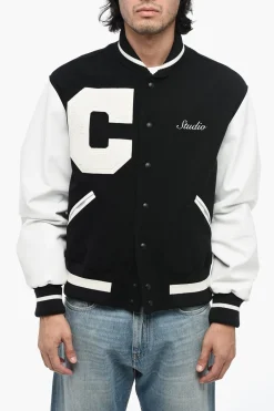 New Bomber in Lana Logato con Maniche in Pelle Uomo Giubbotti