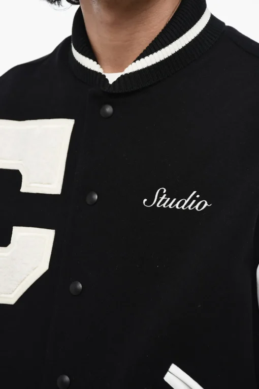 New Bomber in Lana Logato con Maniche in Pelle Uomo Giubbotti