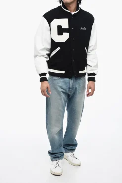 New Bomber in Lana Logato con Maniche in Pelle Uomo Giubbotti