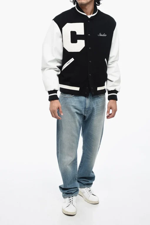 New Bomber in Lana Logato con Maniche in Pelle Uomo Giubbotti