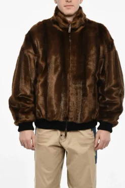Outlet Bomber In Pelliccia Vegana Con Logo In Ecopelle Uomo Giubbotti