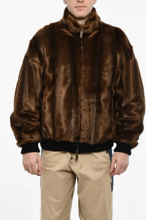 Outlet Bomber In Pelliccia Vegana Con Logo In Ecopelle Uomo Giubbotti