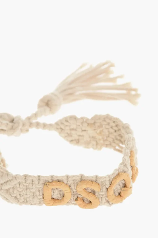 Outlet Bracciale in Cotone Macramè a Tinta Unita con Logo in Rafia Donna Gioielli