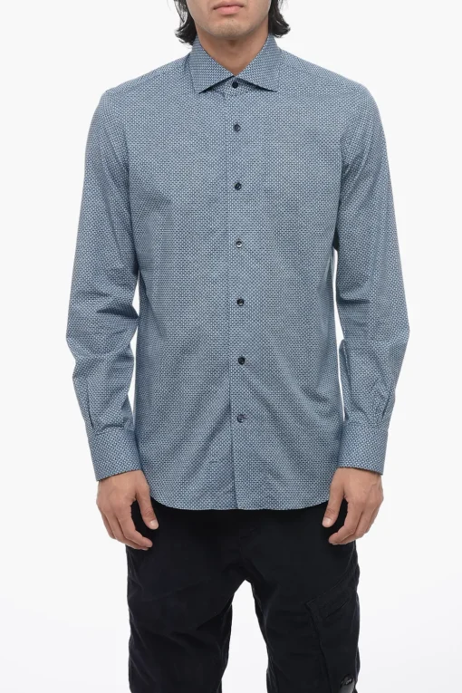 Camicia a Fantasia in Cotone con Collo Francese>Mazzarelli Sale