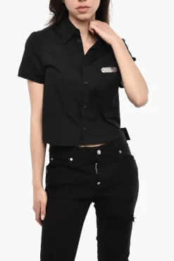 Clearance Camicia A Maniche Corte Crop Con Taschino Donna Camicie