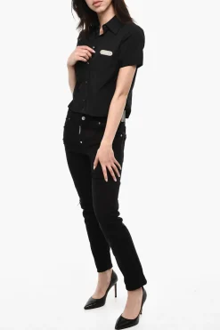 Clearance Camicia A Maniche Corte Crop Con Taschino Donna Camicie